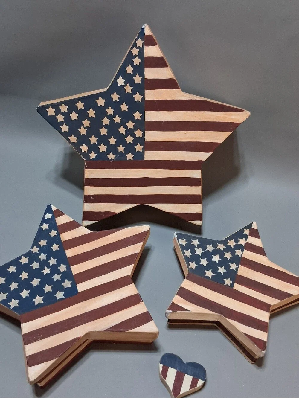 American Flag Nested Wooden Star Trays Patriotic Decor Set of 3